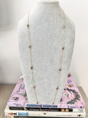 Ann Taylor Gold Tone Station Necklace With Black Enamel/Rhinestone Opera Length